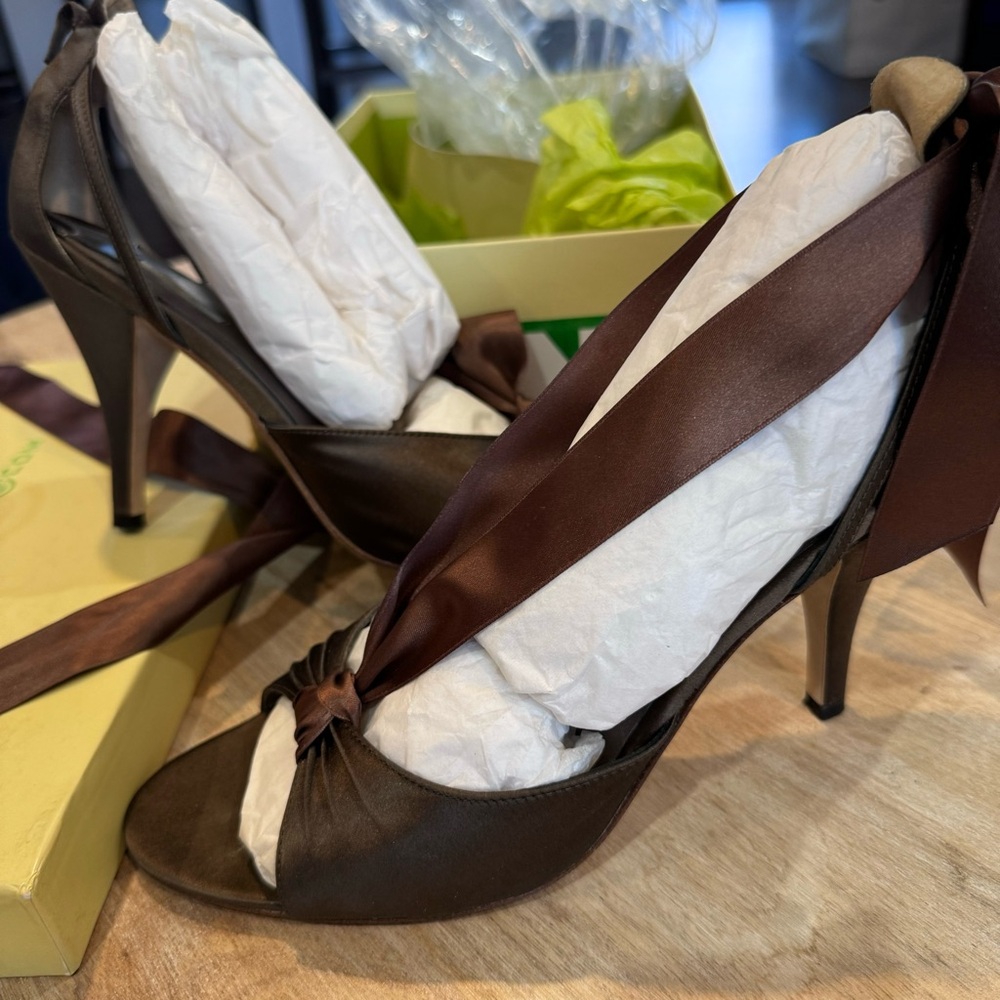 Max Studio Brown Satin Peep-Toe Heels with Ankle Tie